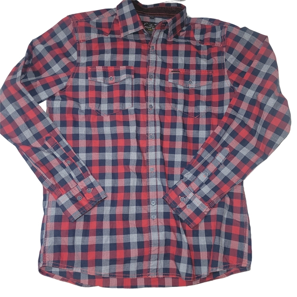 Point Zero Men's Red and Blue Plaid Shirt M